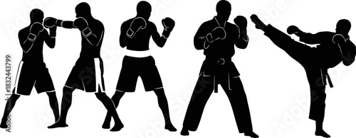 Black and white vector silhouette set featuring martial arts fighters in dynamic action poses, including boxers punching and a karate or kickboxer executing a high kick, for combat sports design.