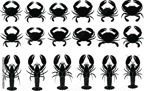 Black crab and lobster silhouette vector illustration set, detailed seafood marine animal collection, underwater ocean creature design, shellfish artwork, isolated white background graphic