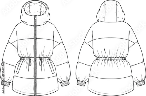 Cropped puffer jacket fashion flat sketch vector illustration with hood, center zipper closure, horizontal panels, and adjustable cinched waist drawstring.