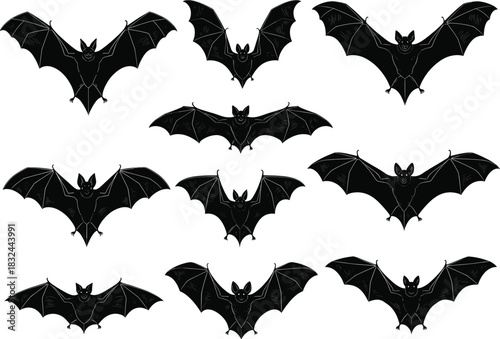 Black flying bat silhouette vector illustration set, spooky Halloween animal collection, dark night wildlife design, vampire creature art, isolated white background graphic