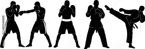 Black and white vector silhouette set featuring five martial arts athletes in fighting poses, including boxers and a karate figure performing a powerful dynamic high-kick, for combat design.