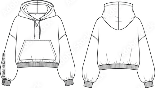 Cropped oversized women's hoodie fashion flat sketch vector illustration with drawstring, large kangaroo pocket, and voluminous balloon sleeves.