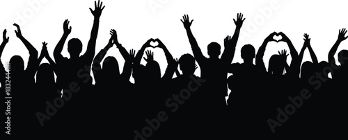 Crowd silhouette vector illustration, raised hands, heart gesture, unity celebration, black people shapes, public gathering clipart, protest, concert, support icons