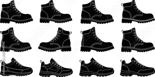 Black Silhouette Boots and Shoes Set: Collection of Vector Icons Featuring Various Work Boots, Hiking Footwear, and Casual Sneakers Outline Graphic Elements Illustration.