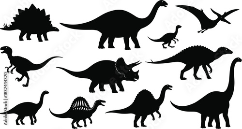 Dinosaur silhouette vector set, black prehistoric animal icons, stegosaurus, triceratops, pteranodon, spinosaurus clipart, extinct species illustration, side profile shapes