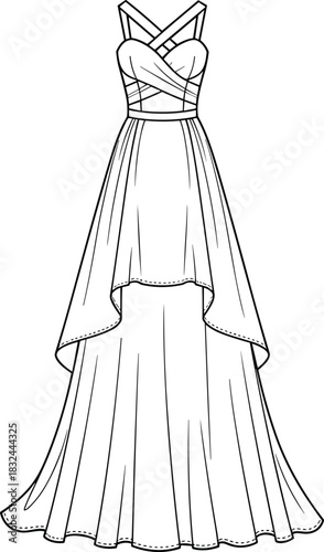Elegant women's sleeveless maxi gown fashion flat sketch vector illustration with crisscross halter straps and flowing high-low tiered skirt design.