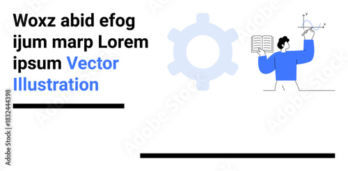 Education, technology, engineering, design tools, process concepts, academic . Person holding book and compass near gear shape and text placeholder. Education and technology ideas