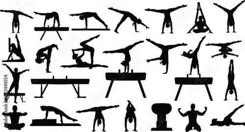 Gymnastics silhouette vector set, black athlete poses, balance beam, pommel horse, parallel bars, vault clipart, dynamic movement, sports icon illustration