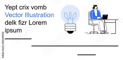 Remote work, creativity, online learning, modern workspace, productivity, brainstorming. Person working on laptop at desk with idea lightbulb. Remote work and creativity concept