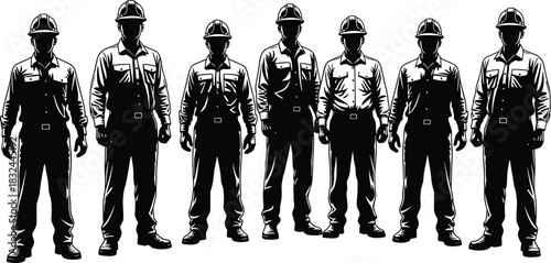 Silhouette construction workers standing in line, detailed industrial labor team illustration, safety helmet uniform crew, professional workforce vector 