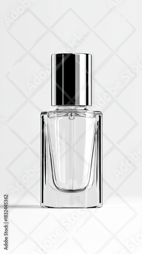 Close-up of a clear perfume bottle with a silver cap, isolated on a white background with a subtle geometric pattern. The image has a clean and minimalist aesth
