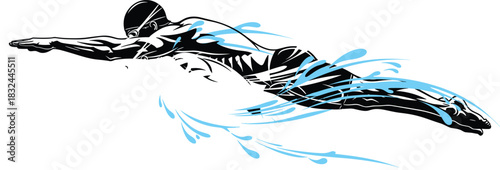 Stylized Black and White Vector Illustration of a Professional Swimmer Gliding Through Water, Capturing Power, Speed, and Dynamic Motion, with Blue Water Splashes and Droplets.