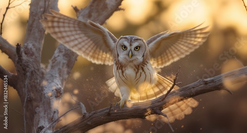 Northern saw whet owl landing on a tree branch at sunset in a forest setting