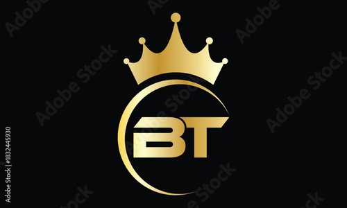 abstract creative golden gradient BT crown letter logo.