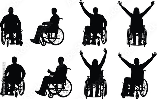 Vector Silhouettes of Disabled People in Wheelchairs Celebrating Life Disability Mobility Accessibility Inclusion Happiness Freedom Motivation Health Care Illustration Set Isolated