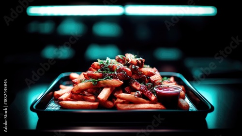 A close-up shot of a tray filled with french fries, topped with sauce and herbs, with a small container of ketchup, against a dark background.
