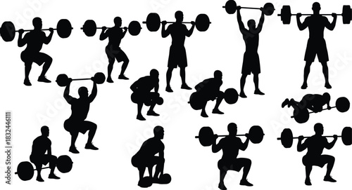 Weightlifting silhouette vector set, black barbell poses, squat, deadlift, overhead press, fitness clipart, strength training icon, gym workout illustration