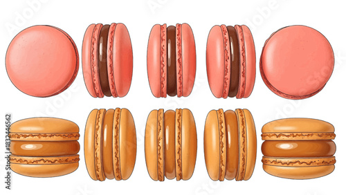 Vector illustration of a set of pink and orange French macaron cookies isolated on transparent background