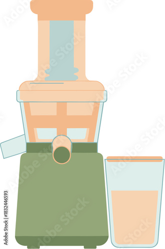 Modern electric juicer machine with a glass of fresh juice illustration.