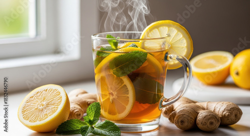 Hot ginger lemon tea with fresh mint leaves in glass cup on kitchen windowsill, aromatic steam rising with whole lemons and ginger roots creating cozy wellness atmosphere