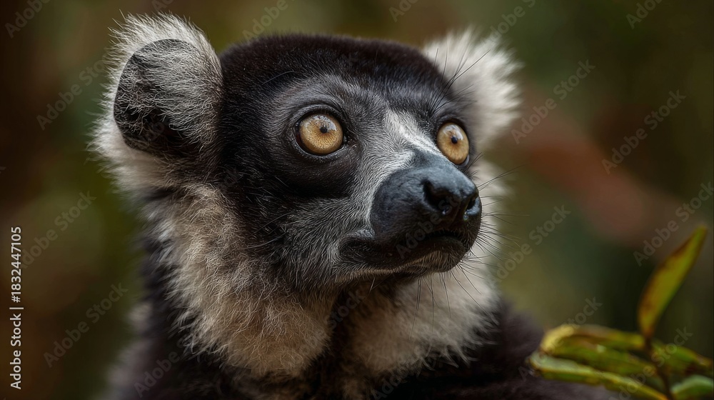 Naklejka premium Unique close-up of a black-and-white lemur gazing thoughtfully in its natural habitat during daylight hours