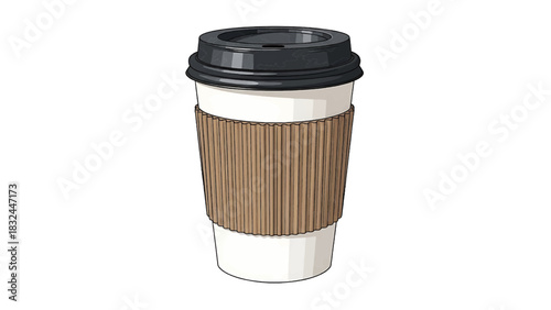 Vector illustration of a disposable paper coffee cup with a sleeve and lid on transparent background