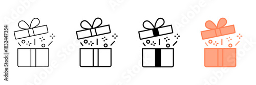 Set of minimalist gift box icons with transparent background, depicting opening presents, surprise, celebration, and festive symbols, vector illustration
