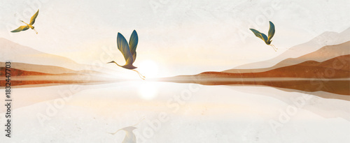 A minimalist landscape art background with cranes over a mountain lake in a watercolor style. A natural vector banner for decor, prints, wallpaper, textiles, and interiors.