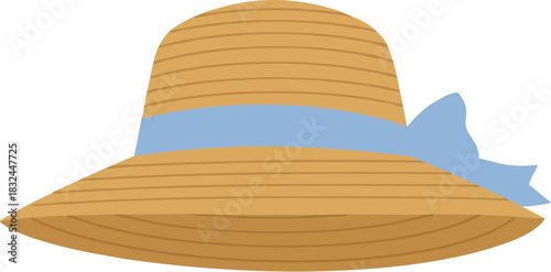 Classic straw sun hat with a wide brim and a blue ribbon bow.
