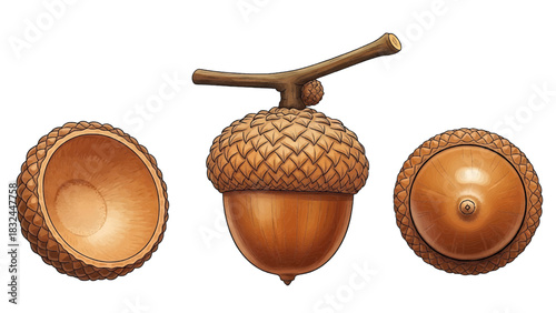 Vector illustration of a realistic brown oak acorn with cap and stem on transparent background