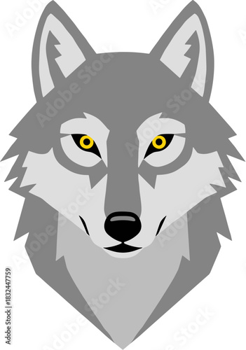 Stylized gray wolf head with intense yellow eyes.