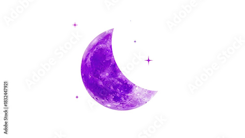 Purple moon and stars isolated on white background