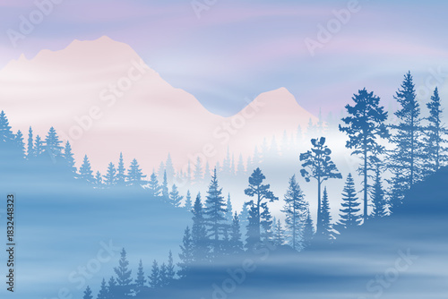 Sunrise in the mountains, wild forest, misty silhouettes of ridges, vector illustration