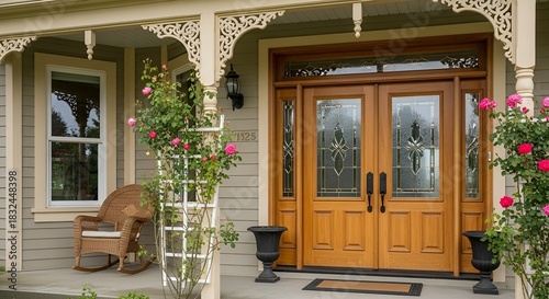 Inviting home entrance with natural wood double doors and climbing pink roses by the porch.