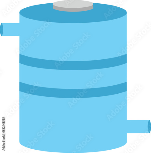 Blue cylindrical water storage tank with inlet and outlet pipes.