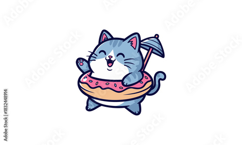 Cute blue cartoon cat waving happily from a pink donut floatie with a beach umbrella.