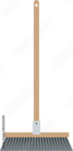 A classic wooden push broom with grey bristles isolated on a white background.