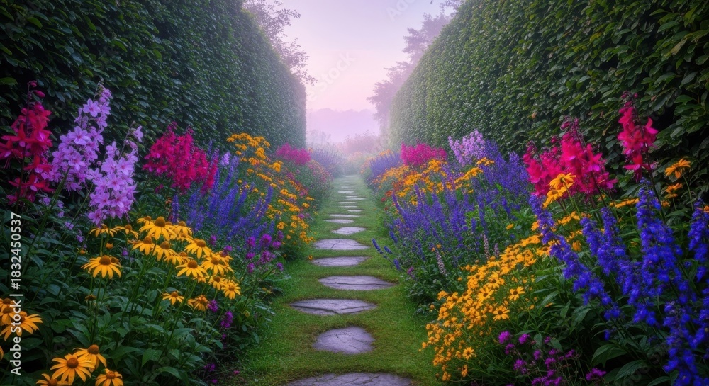 Obraz premium Enchanting garden path lined with vibrant flowers and lush green hedges