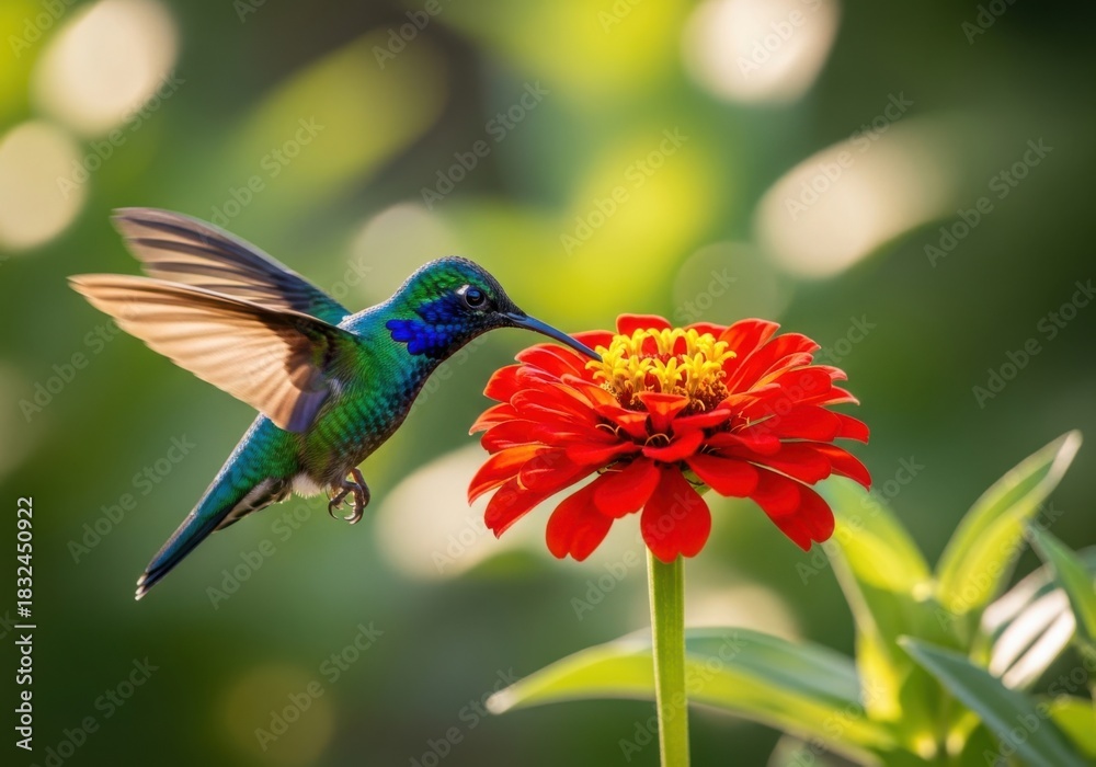 Obraz premium Hummingbird feeds on vibrant red zinnia flower in sunlight