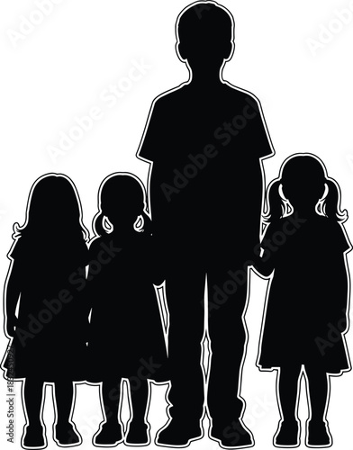 Silhouette vector of children standing together in black and white, representing childhood, friendship, family, and social bonding for design use.