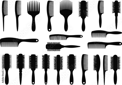 Silhouette vector set of combs and hairbrushes for hair grooming, styling, detangling, curling, smoothing, afro picks and accessories