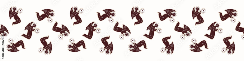 Obraz premium Hand drawn angelic messenger for Christian Christmas vector border. Lino cut Angels with star of Bethlehem trim. Religious nativity scene washi tape.