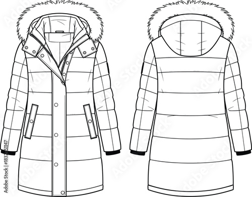 Women's long puffer coat fashion flat sketch vector with fur-trimmed hood, snap button placket, horizontal quilting, and side pockets.
