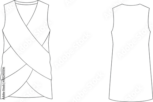 Sleeveless tunic sketch, curved panel drape, round neckline, fitted waist, flared hem, fashion design, front and back view