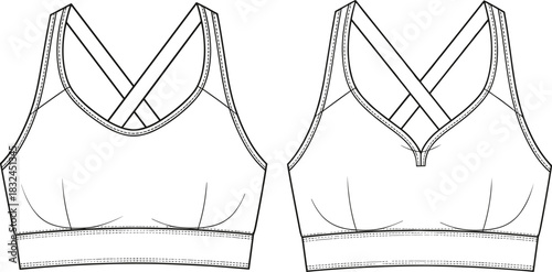 Women's sports bra fashion flat sketch vector illustration with crisscross straps, scoop neckline, thick bottom band, and athletic wear design.