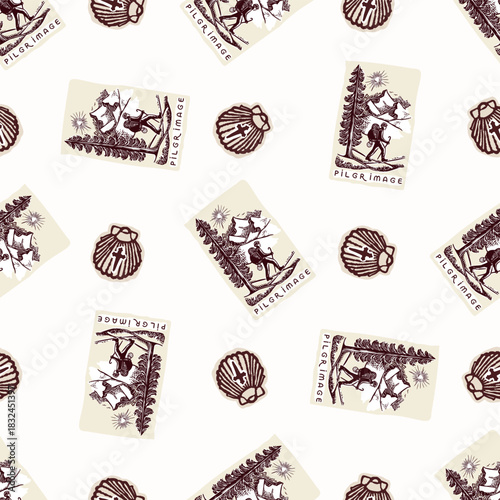 Pilgrim man figure with backpack seamless vector pattern. Hand drawn black and white religious christian pilgrimage background. For hiking all over print. 