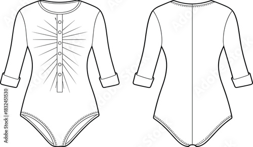 PrintLong Sleeve Bodysuit Technical Drawing, Henley Placket Sunburst Detail Vector Flat Sketch, Women's Apparel Design Template