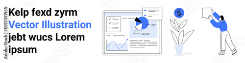 Business strategies, data analysis, financial growth, digital reports, productivity, teamwork. Visual with charts, graphs dollar symbol and individuals interacting. Business strategies and data