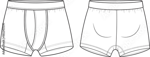 PrintMen's Boxer Briefs Underwear Technical Drawing, Vector CAD Flat Sketch, Apparel Design Template, Front and Back Views