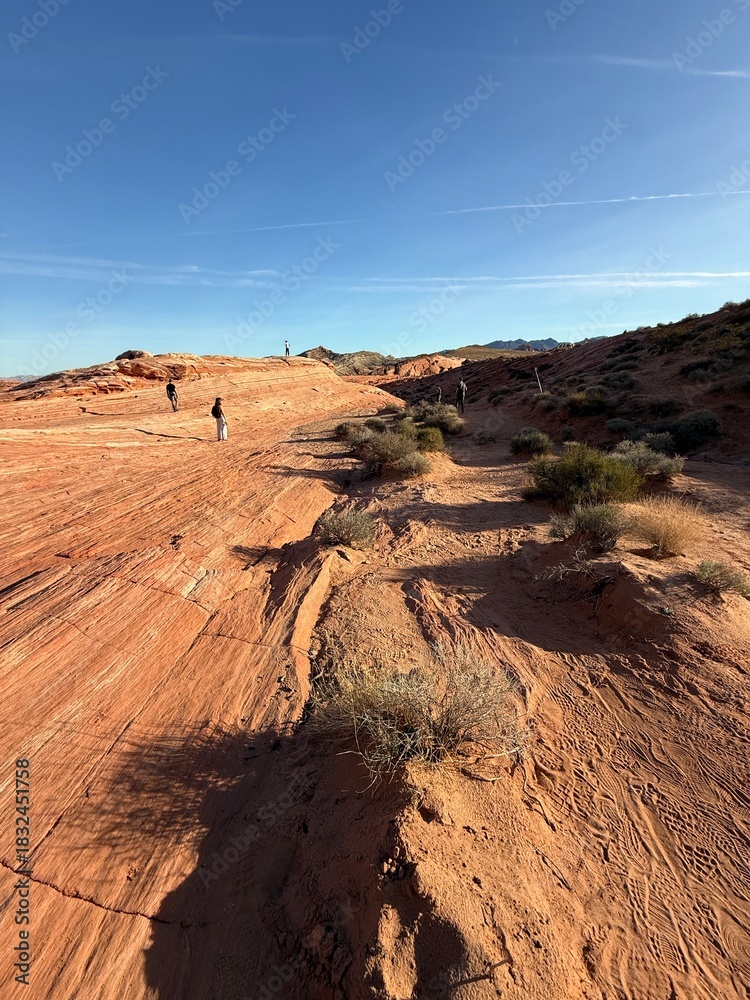 Fototapeta premium Gorgeous Valley of Fire State Park. Overton Nevada. Afternoon in Nov. Red sand and mountain cliffs to explore. Between Las Vegas and Zion. Adventure climbing, hiking, walking, lava, views, camping